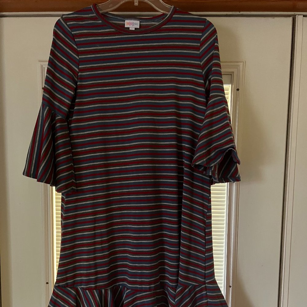 LuLaRoe Maureen Small Red, White, Blue, Gray Striped Dress Ruffle Bell Sleeve
